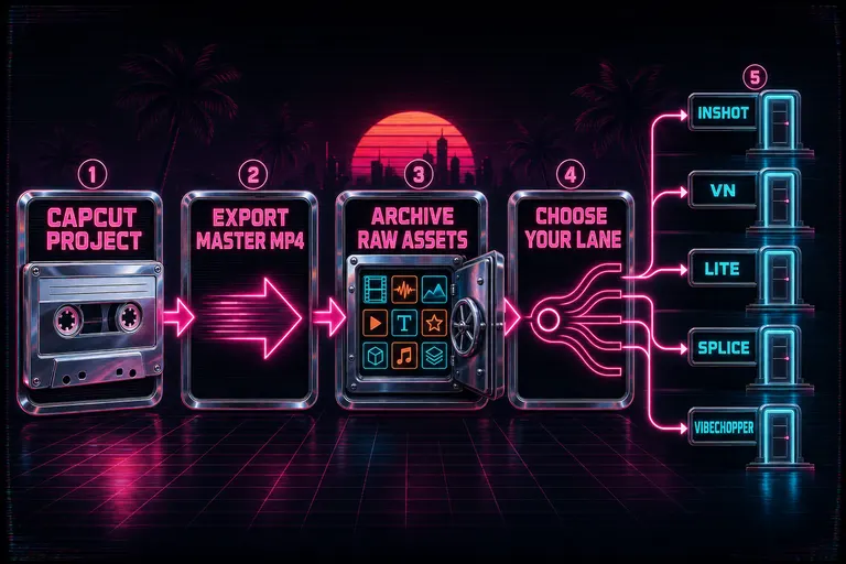 A flow diagram from a chrome CapCut cassette through an export step and asset archive into five exit doors labeled with each replacement