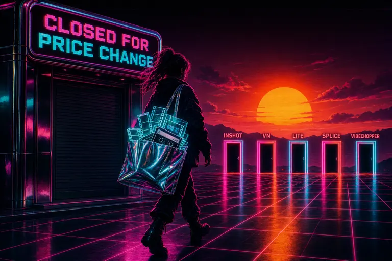 A creator with a tote bag walking out of a chrome CapCut storefront under a sunset, carrying her raw assets toward five neon doorways