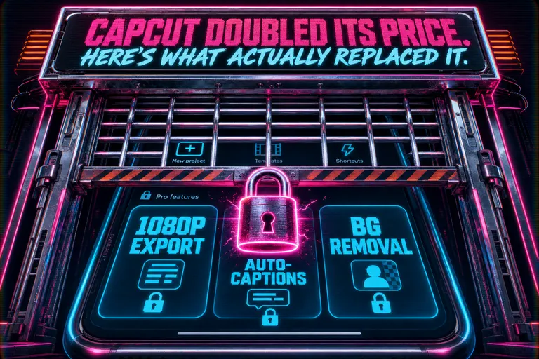 A retro arcade gate slamming shut across a glowing CapCut interface, the locked features hovering behind chrome bars