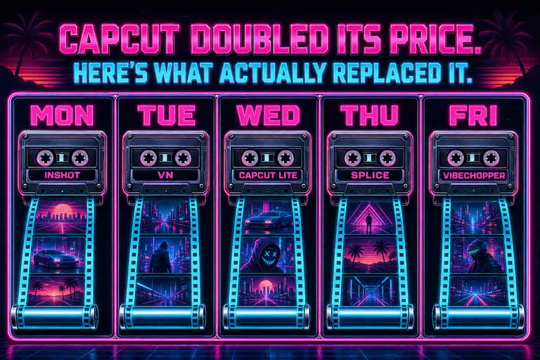 A neon weekly calendar with five day-cells, each showing a different tool's icon and a tiny finished reel rolling out