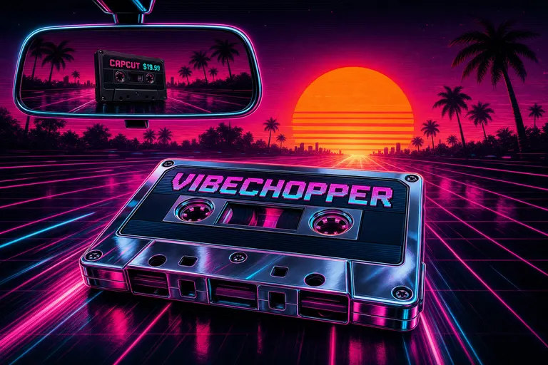 A chrome cassette labeled VIBECHOPPER riding into a sunset over palm-tree silhouettes, the CapCut cassette small and dark in the rearview
