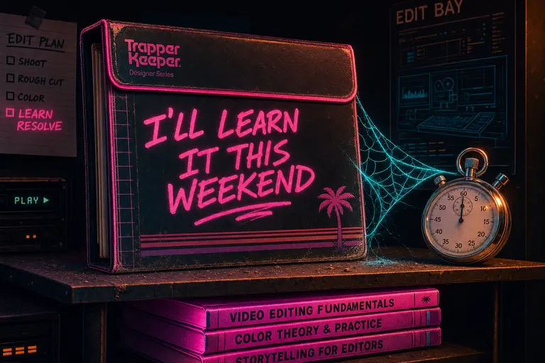 A retro Trapper Keeper labeled 'I'LL LEARN IT THIS WEEKEND' sitting on a dusty shelf next to a chrome stopwatch with a glowing cobweb