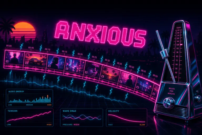 A glowing timeline of clips bending and slowing as if pulled by a wave, with the word ANXIOUS hovering over the curve in magenta neon