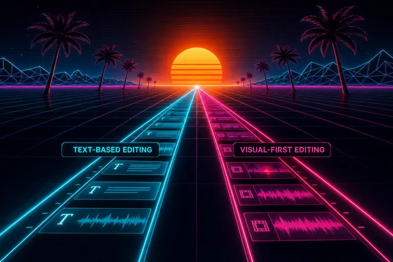 Two parallel timelines stretching toward a single sunset over a grid floor with palm trees, one timeline glowing cyan and one glowing magenta