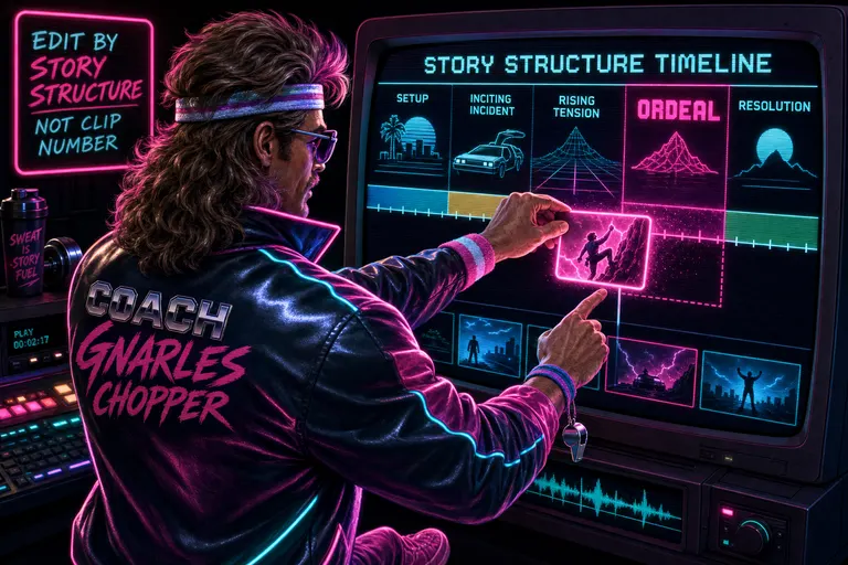 Gnarles, in sweatband and warmup jacket, dragging a glowing clip thumbnail onto a labelled story beat on a CRT timeline.