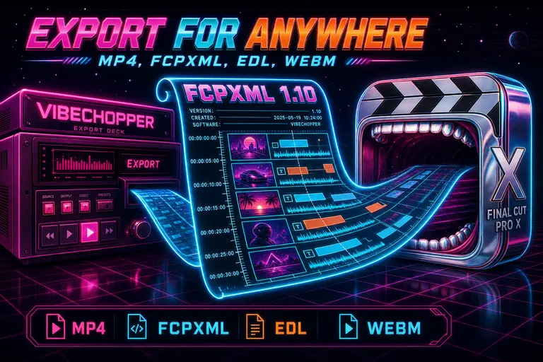 A glowing FCPXML scroll unspooling from a magenta VibeChopper deck into the open mouth of a chrome Final Cut Pro X app icon