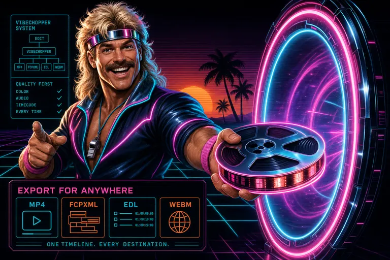 Gnarles in a chrome-rim sweatband handing a glowing reel of film through an open neon portal toward an off-screen client