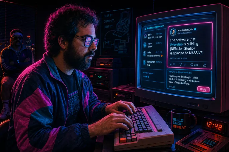 Steve Moraco at a neon-lit keyboard at night, mid-typing a reply, a glowing chat panel reflected in his glasses, a sweatband-and-whistle Gnarles silhouette watching from the corner