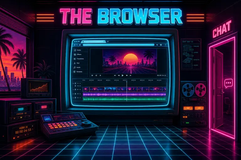 A neon-lit room with a wide CRT showing a browser-based video editor, the room itself labeled 'THE BROWSER', a small open door labeled 'CHAT' on one wall