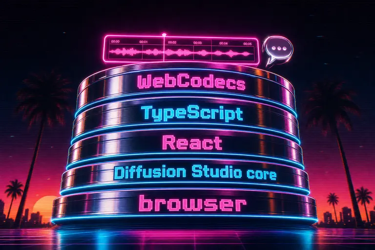 A glowing stack of chrome record-platters labeled with open-source dependencies, supporting a small magenta timeline on top — a visual metaphor for standing on shoulders