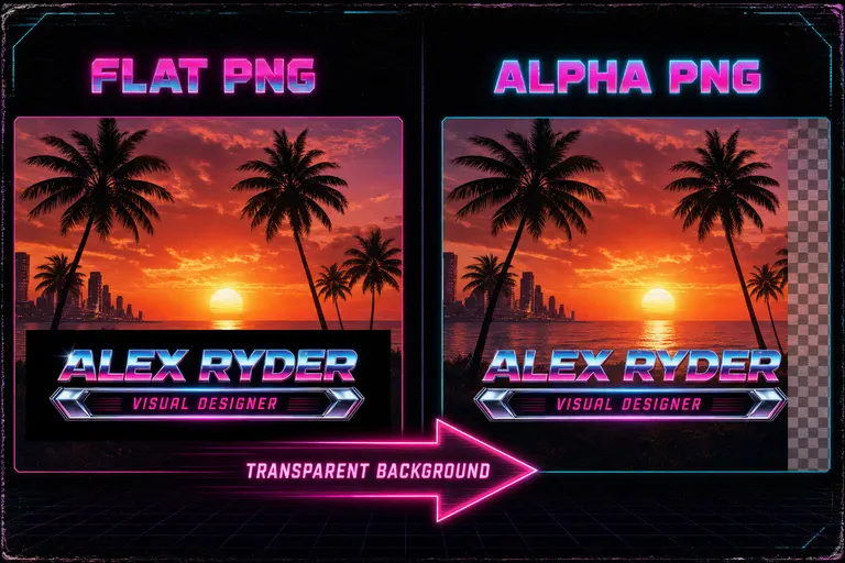 Two overlay samples side by side — one with a solid black background looking like a sticker, the other with a transparent alpha background floating cleanly over a sunset shot