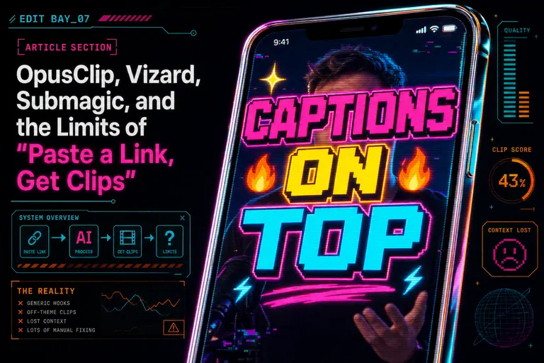 A stylized mock Submagic output: a clip dominated by aggressive multi-color animated captions and emoji, with a tiny crop of the actual speaker behind them