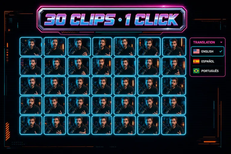 A stylized mock Vizard output: a grid of thirty identical-looking short clips, each in a slightly different reframe, with a counter reading 30 CLIPS, 1 CLICK