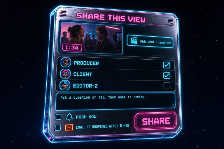 Stylized depiction of the Share This View dialog with a thumbnail, a 1:34 timecode badge, a clip title badge, a recipient list, and push + email checkboxes