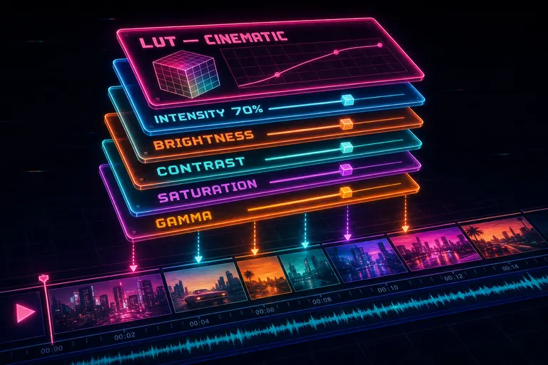 A stack of translucent neon color-grading slides hovering over a strip of clips, labels for LUT, Intensity, Brightness, Contrast