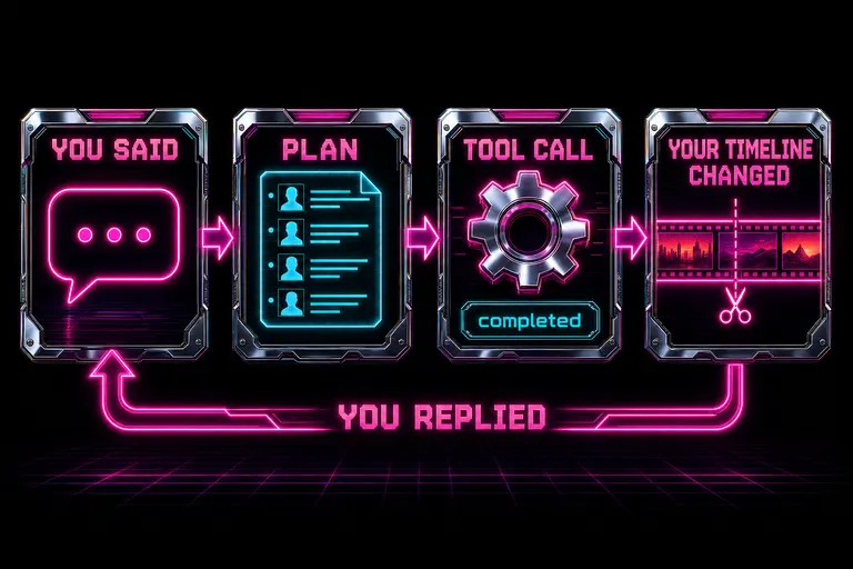 Horizontal diagram showing chat input flowing through a planner into a tool call into a timeline edit, then a feedback loop back to the chat