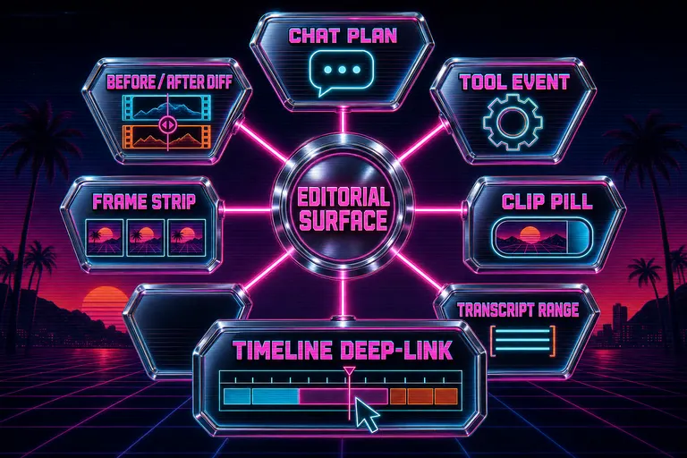 Diagram of the editorial AI surface: chat plan, tool event, clip pill, transcript range, frame strip, before/after diff, timeline deep-link