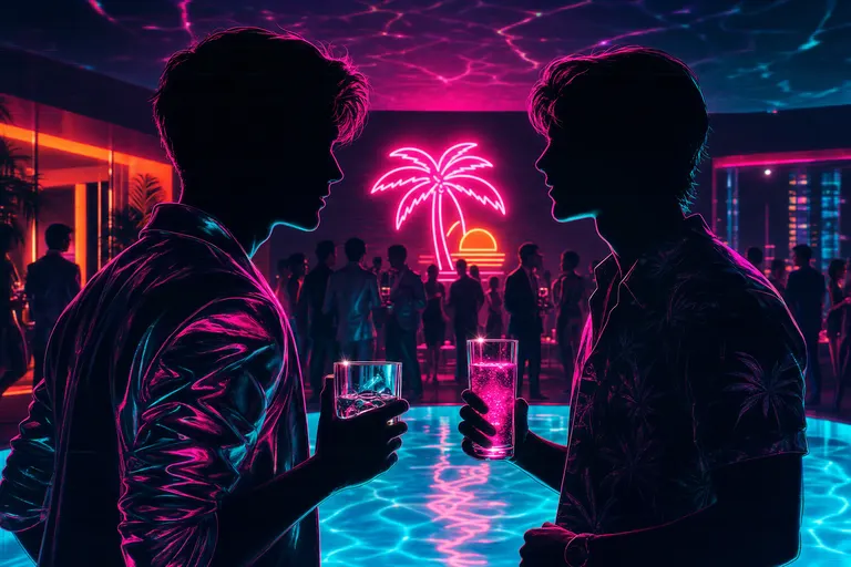 A synthwave depiction of two figures talking at a party — chrome glasses, neon palm decor, a glowing pool reflecting on the back wall