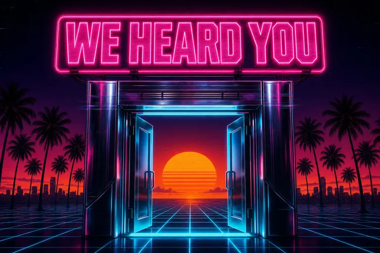 A large neon-magenta sign reading WE HEARD YOU mounted above a chrome doorway, with palm-tree silhouettes and a grid floor receding into a sunset
