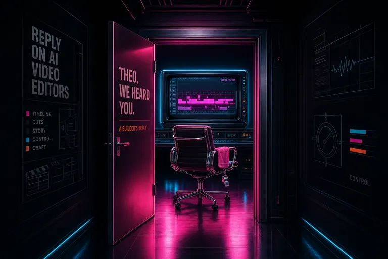An open chrome studio door spilling magenta light into a dark hallway, a single empty chair facing a glowing CRT timeline inside