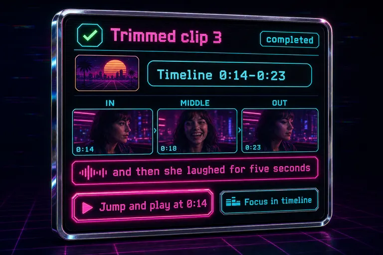 Mock screenshot of a VibeChopper tool-call card with status badge, clip identity pill, frame strip, transcript line, and timeline jump button