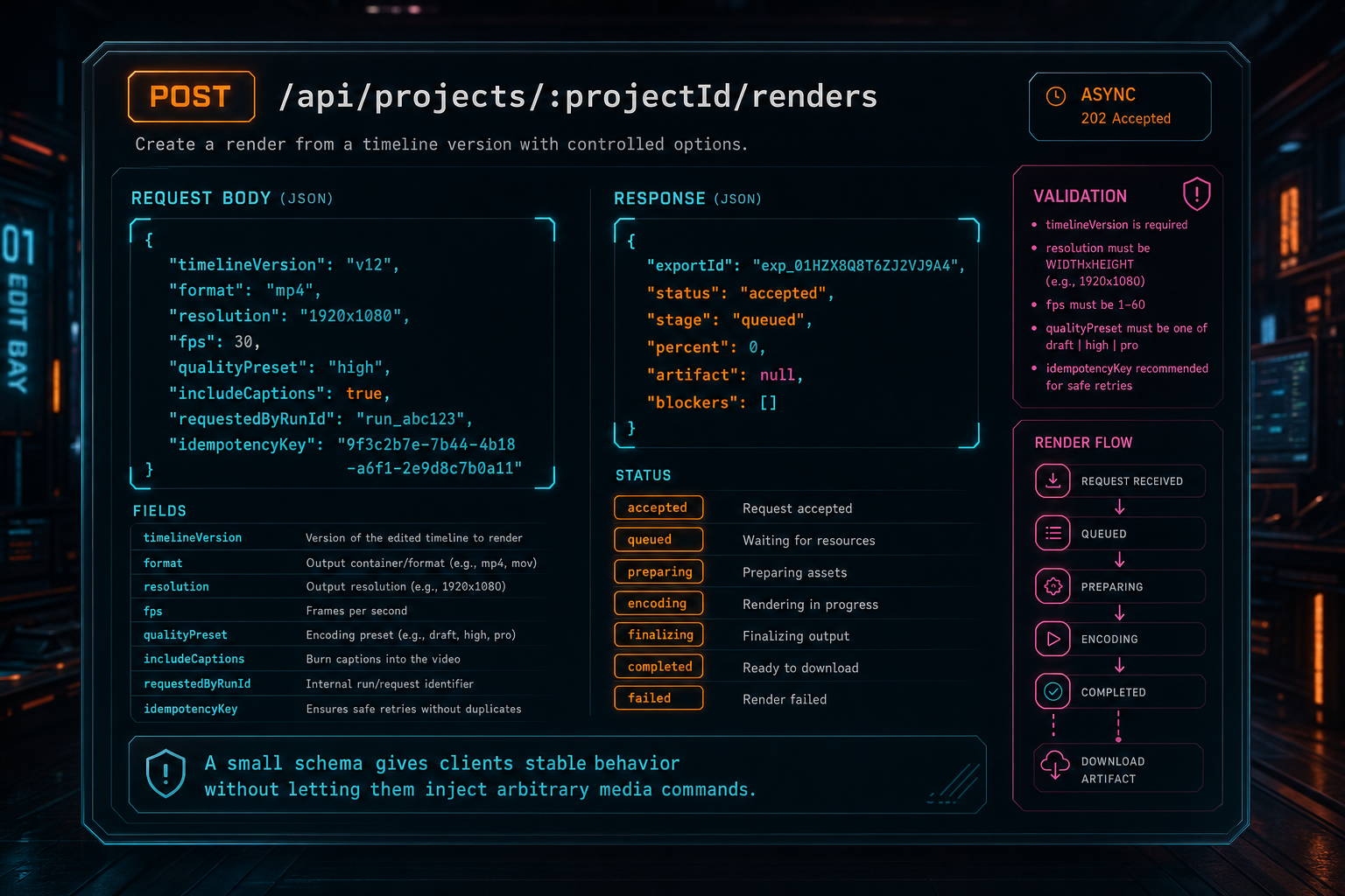 A product UI callout showing a typed render request schema for a video editing API.