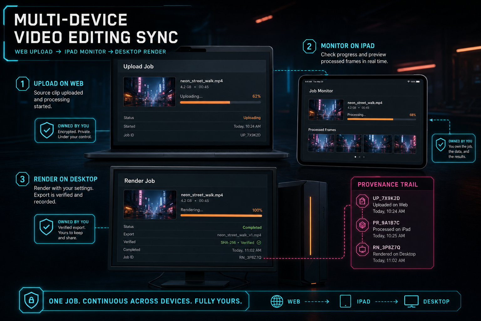 A cross-device continuity callout showing an upload started on web, monitored on iPad, and rendered from desktop.