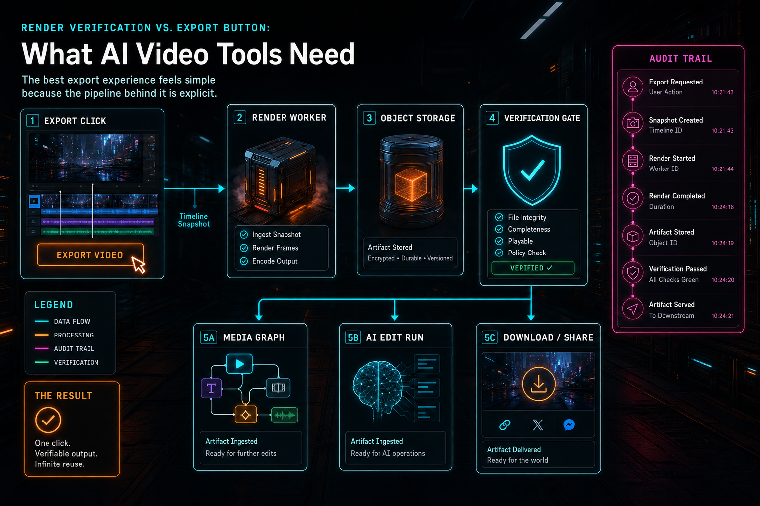 A complete AI video tool pipeline from export click through verified render and reusable artifact provenance.