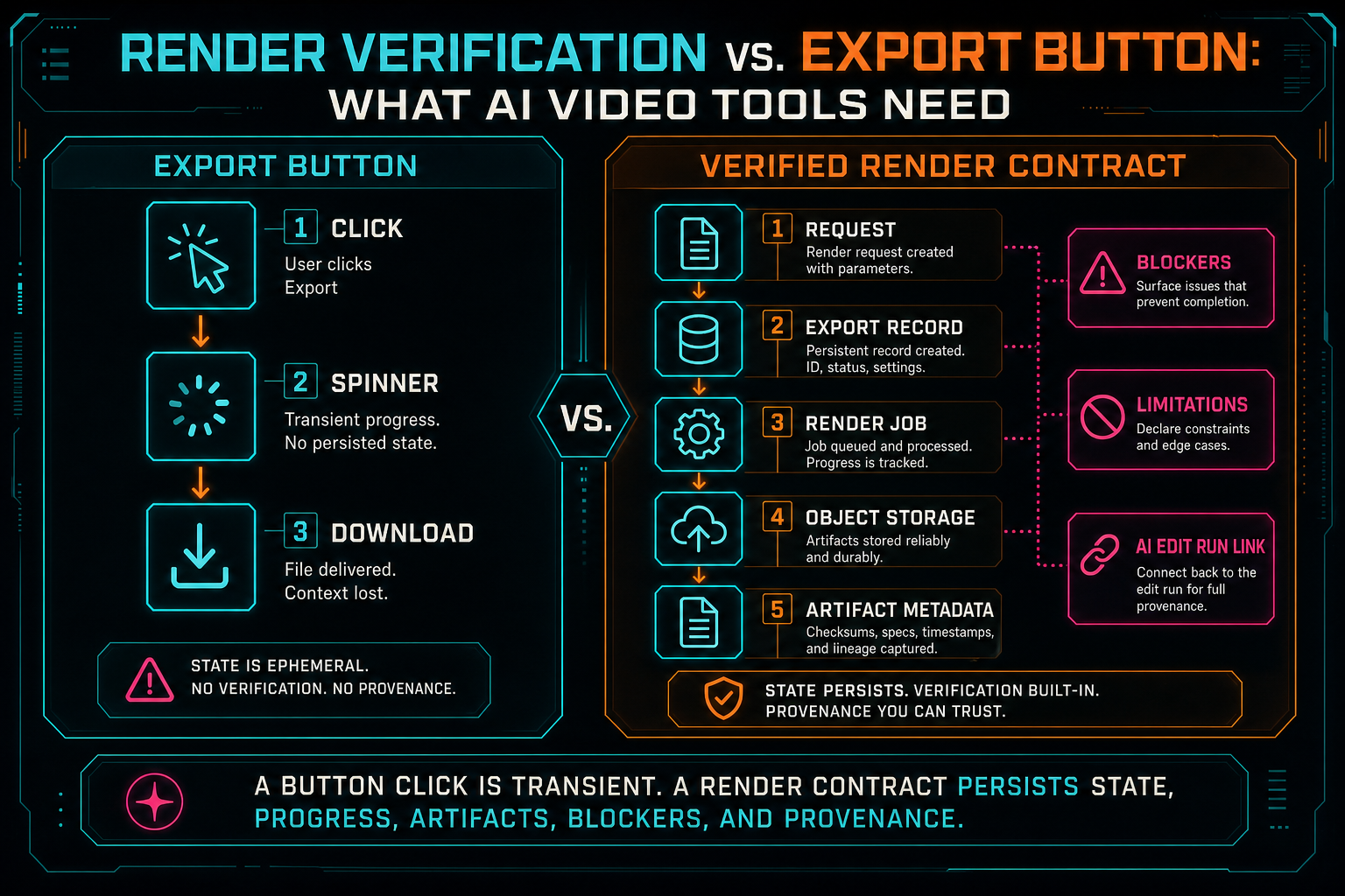 Architecture diagram contrasting a button click with a verified render contract.
