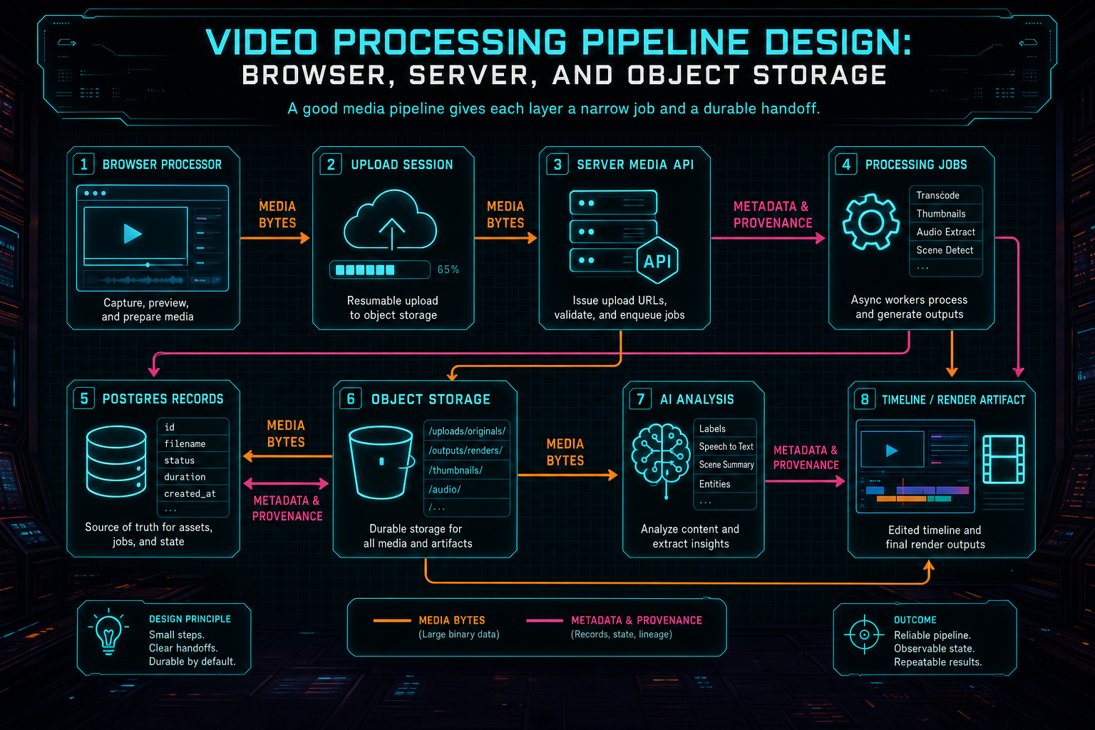 Architecture diagram showing browser processing, upload session, server jobs, database records, object storage, AI analysis, and render output.